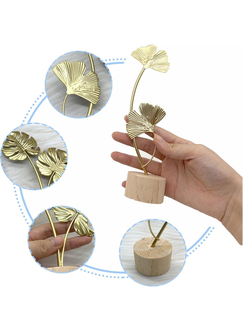 بتيمفم مجموعة ثلاثية من منحوتات أوراق الذهب الحديثة، من أزهار المونستيرا النوردية والريش والجنكة، مع قاعدة خشبية للمنزل والمكتب - Image 4