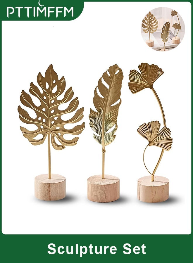 بتيمفم مجموعة ثلاثية من منحوتات أوراق الذهب الحديثة، من أزهار المونستيرا النوردية والريش والجنكة، مع قاعدة خشبية للمنزل والمكتب - Image 1