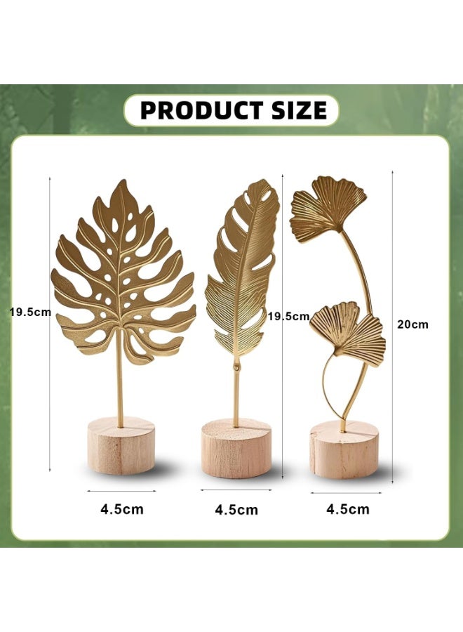 بتيمفم مجموعة ثلاثية من منحوتات أوراق الذهب الحديثة، من أزهار المونستيرا النوردية والريش والجنكة، مع قاعدة خشبية للمنزل والمكتب - Image 5