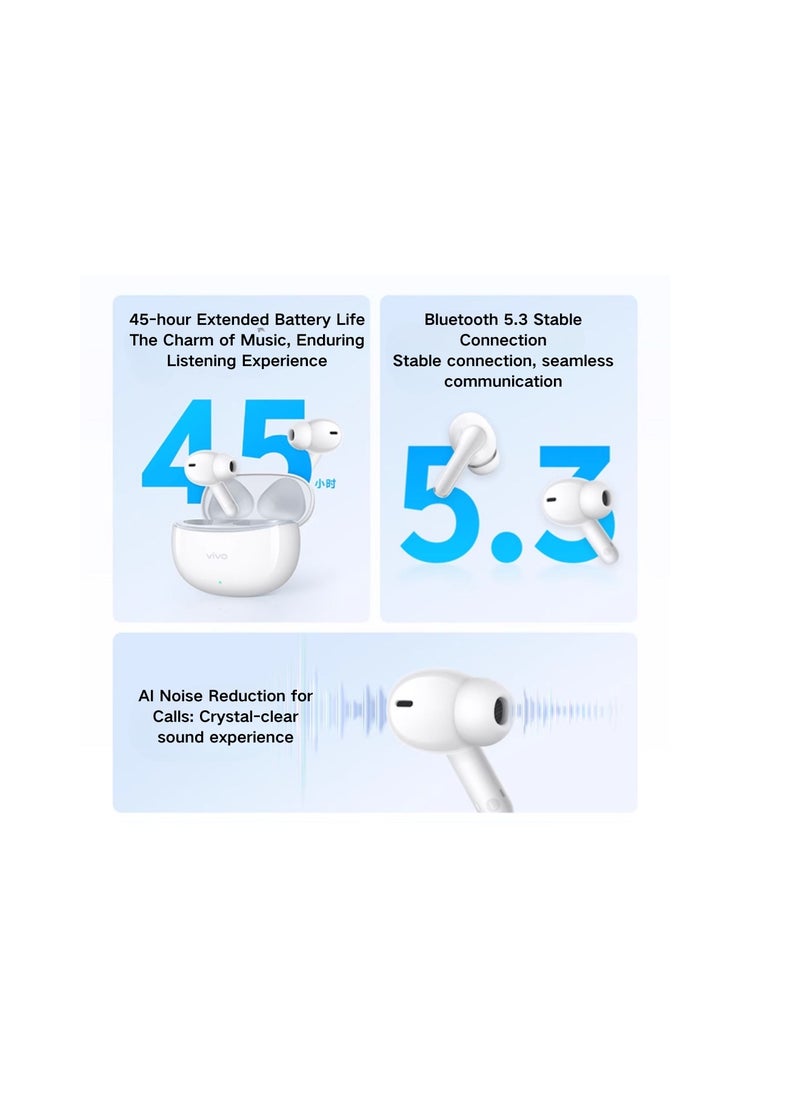 vivo - vivo TWS A3 True Wireless Earbuds - Swan White, 10mm Dynamic Driver, IP54, Bluetooth 5.3 - Image 1