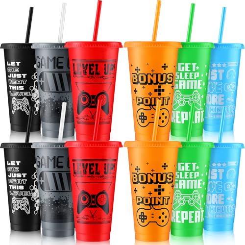 Mifoci Video Game Plastic Cups with Lids and Straws Reusable Tumbler with Lid and Straw Cute Iced Coffee Travel Cups Mug Water Bottle for Adult Kid Gaming Birthday Supplies (Multicolor,12 Pcs) - Image 1