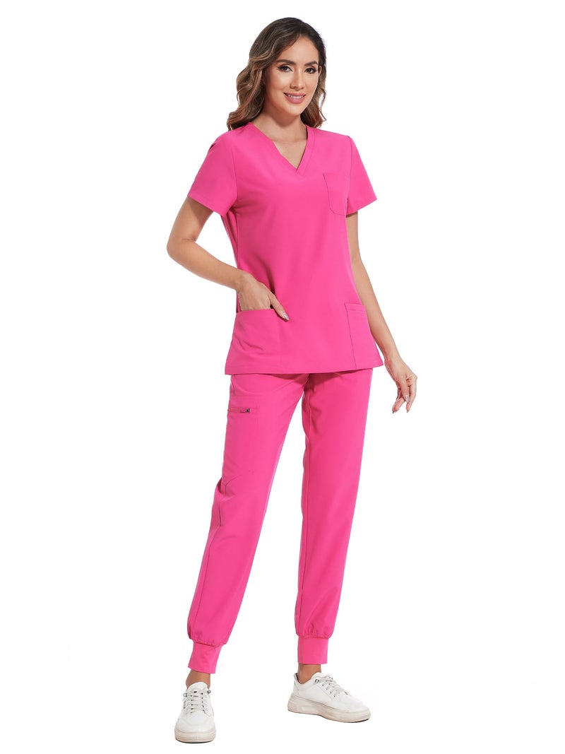 COZYFIT Scrubs for Women Set - Stretch V-Neck Scrub Top & Jogger Pant with 8 Pockets, Yoga Waistband, Slim Fit COZY SCRUBS - Hot Pink, S - Image 3