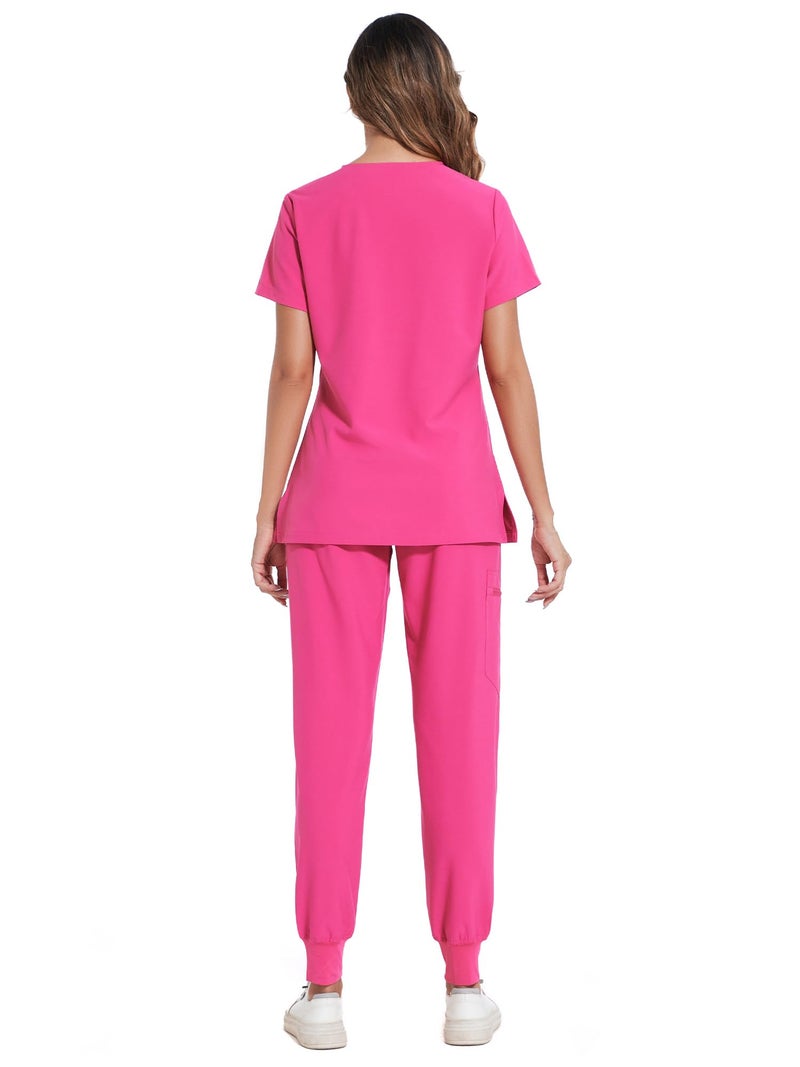 COZYFIT Scrubs for Women Set - Stretch V-Neck Scrub Top & Jogger Pant with 8 Pockets, Yoga Waistband, Slim Fit COZY SCRUBS - Hot Pink, S - Image 2