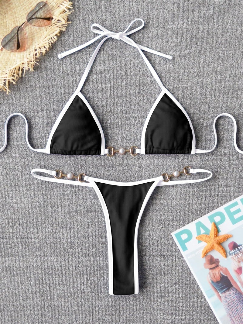 TASHEHE Women's Triangle Thong Bikini Set Sexy String Brazillian Two Piece Swimsuit Cute Bikini Bathing Suit - Black/White - Small - Image 5
