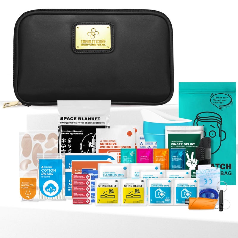 EVERLIT CARE Car First Aid Kit with Emergency Supplies Survival Gear Including Window Breaker Disposable Urine Bag Mountable Survival Kit for Family Travel in Car (Black) - Image 1