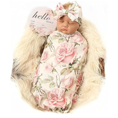 Galabloomer Newborn Receiving Blanket Headband Set Baby Flower Swaddle (vintage flower) - Image 1