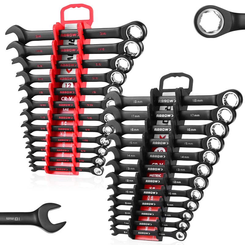 Arrow Fastener ARROW 24PCS Ratcheting Wrench Set Metric and Standard, Anti-Slip 6-18mm & 1/4"-3/4" Combination Ratchet Wrench Set with 2 Magnetic Tool Holders, CRV Material, 72-Teeth, Easy to Carry & Store - Image 1