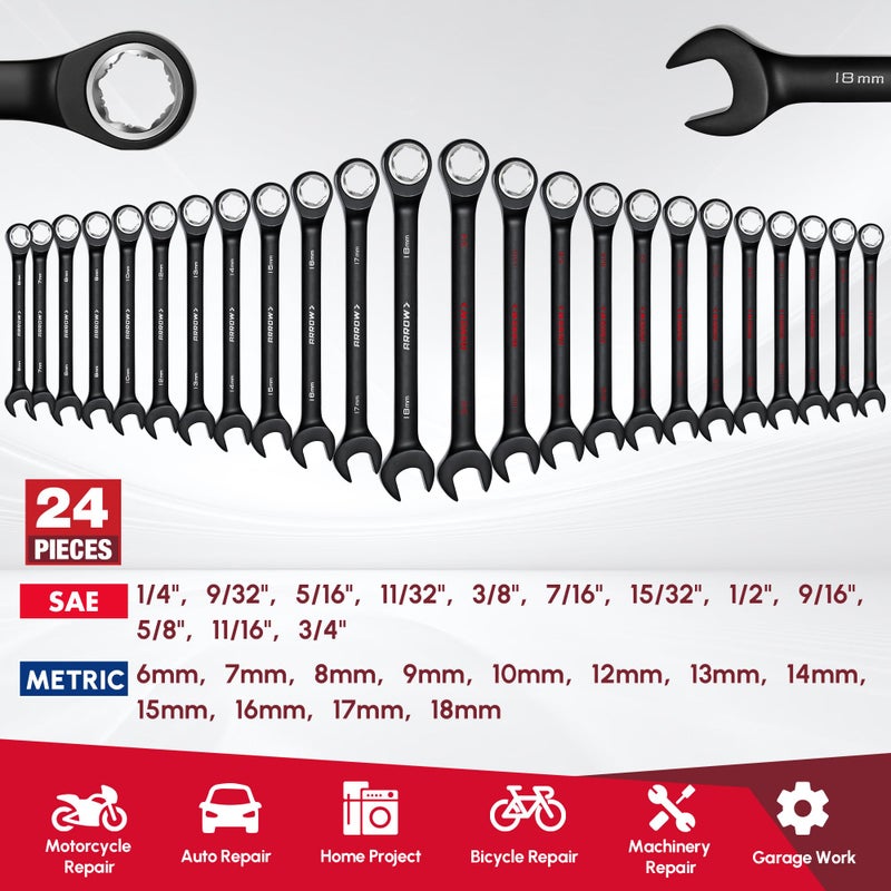 Arrow Fastener ARROW 24PCS Ratcheting Wrench Set Metric and Standard, Anti-Slip 6-18mm & 1/4"-3/4" Combination Ratchet Wrench Set with 2 Magnetic Tool Holders, CRV Material, 72-Teeth, Easy to Carry & Store - Image 4