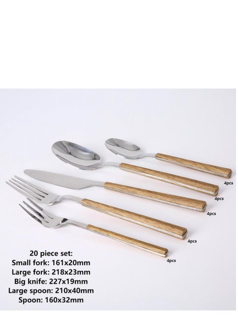 20 Piece Set Of Stainless Steel Tableware, Wood Grain Clip Handle, 4 Knives, 4 Large Spoons, 4 Small Spoons, 4 Large Forks, 4 Small Forks