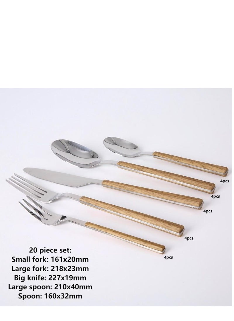 C&E 20 Piece Set Of Stainless Steel Tableware, Wood Grain Clip Handle, 4 Knives, 4 Large Spoons, 4 Small Spoons, 4 Large Forks, 4 Small Forks  - Image 1