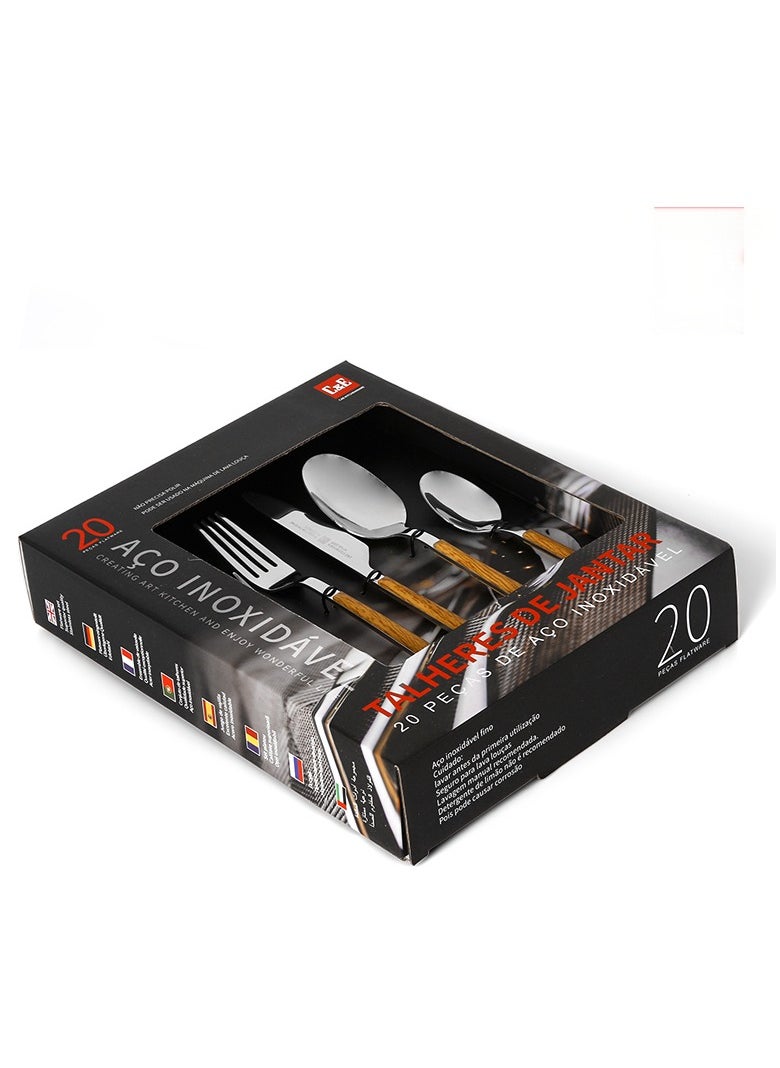 C&E 20 Piece Set Of Stainless Steel Tableware, Wood Grain Clip Handle, 4 Knives, 4 Large Spoons, 4 Small Spoons, 4 Large Forks, 4 Small Forks  - Image 2