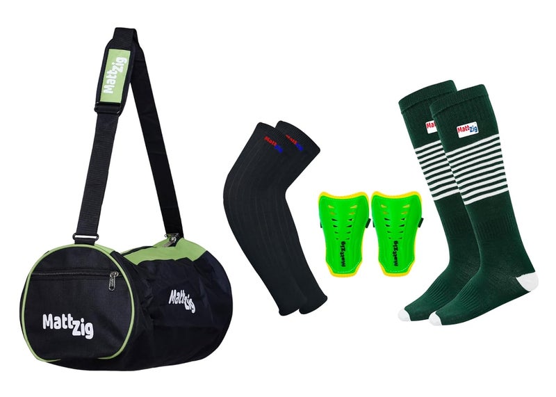 MATTZIG ® Club Football Kit (One Pair of Striped Lycra Socks + One Pair of Shin Guard + One Pair of Cotton Arm Sleeves + One Kit Bag) (Green) - Image 1