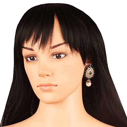 Touchstone Indian Bollywood Desire Traditional Style Faceted Faux Emerald Pearls Grand Look Designer Jewelry Earrings In Antique Gold Tone For Women. - Image 2