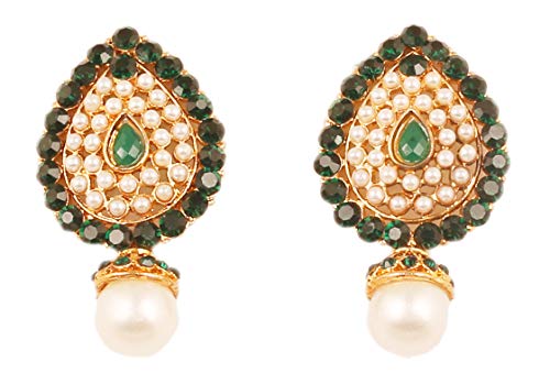 Touchstone Indian Bollywood Desire Traditional Style Faceted Faux Emerald Pearls Grand Look Designer Jewelry Earrings In Antique Gold Tone For Women. - Image 1