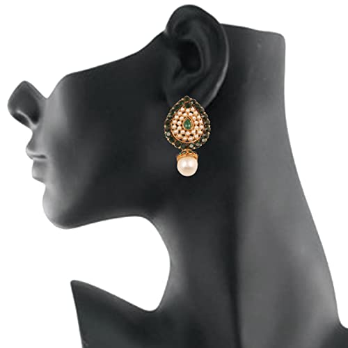 Touchstone Indian Bollywood Desire Traditional Style Faceted Faux Emerald Pearls Grand Look Designer Jewelry Earrings In Antique Gold Tone For Women. - Image 5