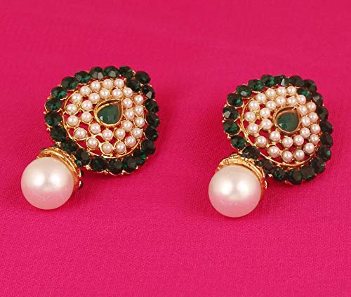 Touchstone Indian Bollywood Desire Traditional Style Faceted Faux Emerald Pearls Grand Look Designer Jewelry Earrings In Antique Gold Tone For Women. - Image 3