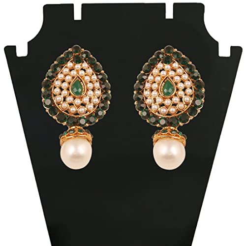 Touchstone Indian Bollywood Desire Traditional Style Faceted Faux Emerald Pearls Grand Look Designer Jewelry Earrings In Antique Gold Tone For Women. - Image 4