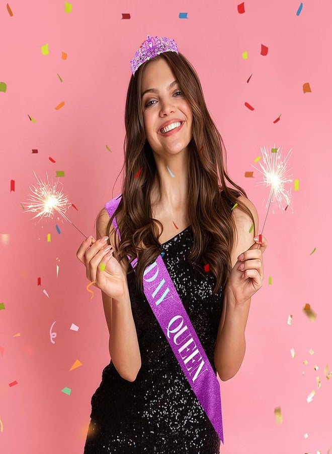 Dayofun Birthday Queen Sash, Headband, Tiara, and Decorations for Women - Purple Satin with Rhinestones for a Glamorous Celebration - Image 2