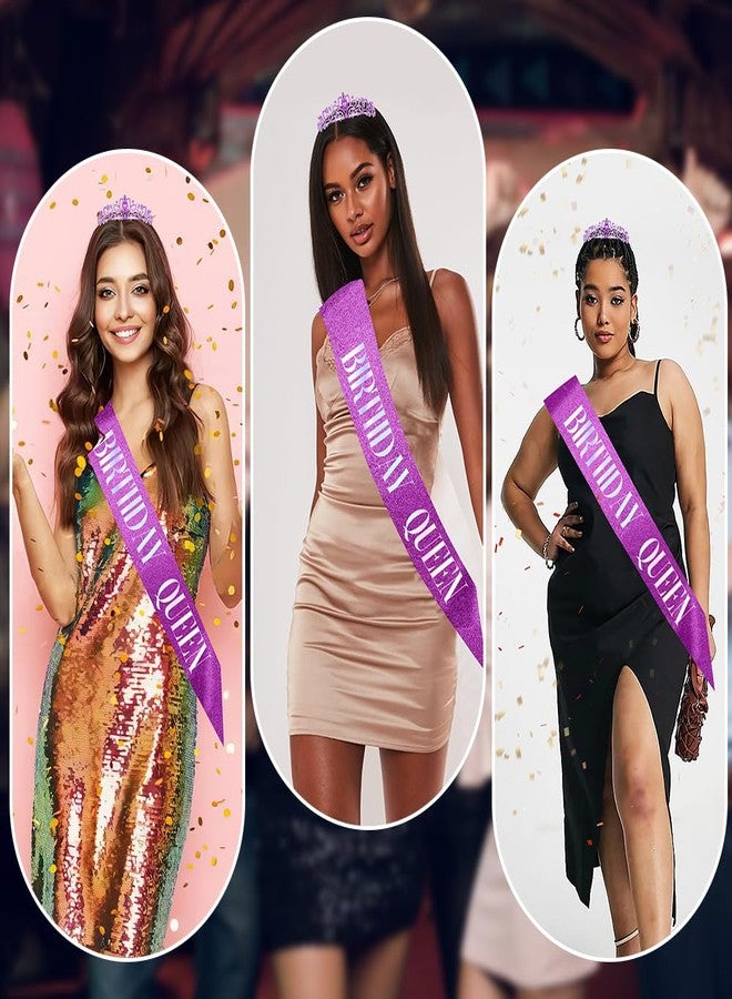 Dayofun Birthday Queen Sash, Headband, Tiara, and Decorations for Women - Purple Satin with Rhinestones for a Glamorous Celebration - Image 4