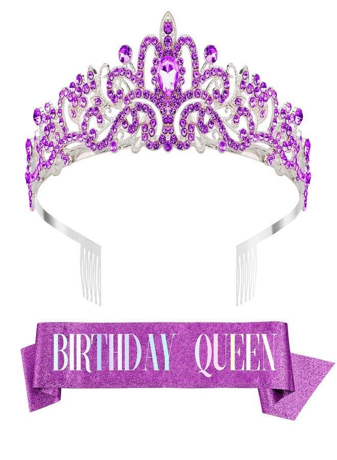 Dayofun Birthday Queen Sash, Headband, Tiara, and Decorations for Women - Purple Satin with Rhinestones for a Glamorous Celebration - Image 1