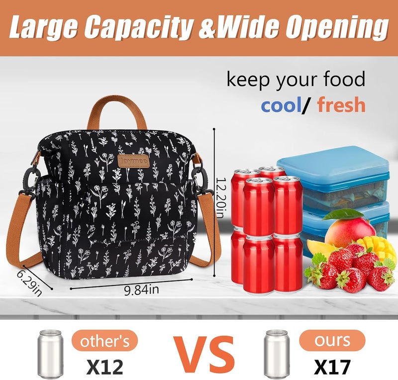 Joymee Lunch Bag Women Insulated Lunch Box Reusable Leakproof Large Spacious Cooler Tote for Women Men Adult with Bottle Holder and Side Pockets for Work Office Travel Picnic -08 White Little Flower - Image 4