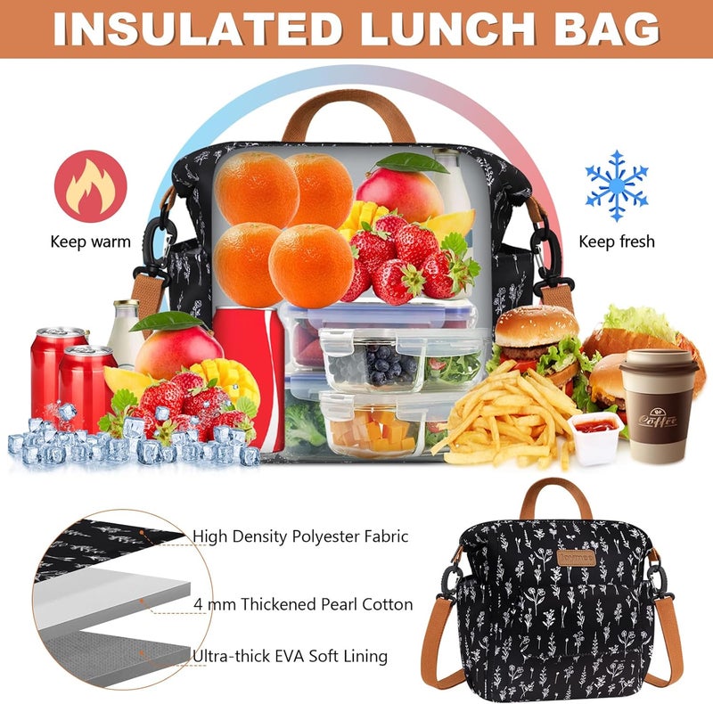 Joymee Lunch Bag Women Insulated Lunch Box Reusable Leakproof Large Spacious Cooler Tote for Women Men Adult with Bottle Holder and Side Pockets for Work Office Travel Picnic -08 White Little Flower - Image 2