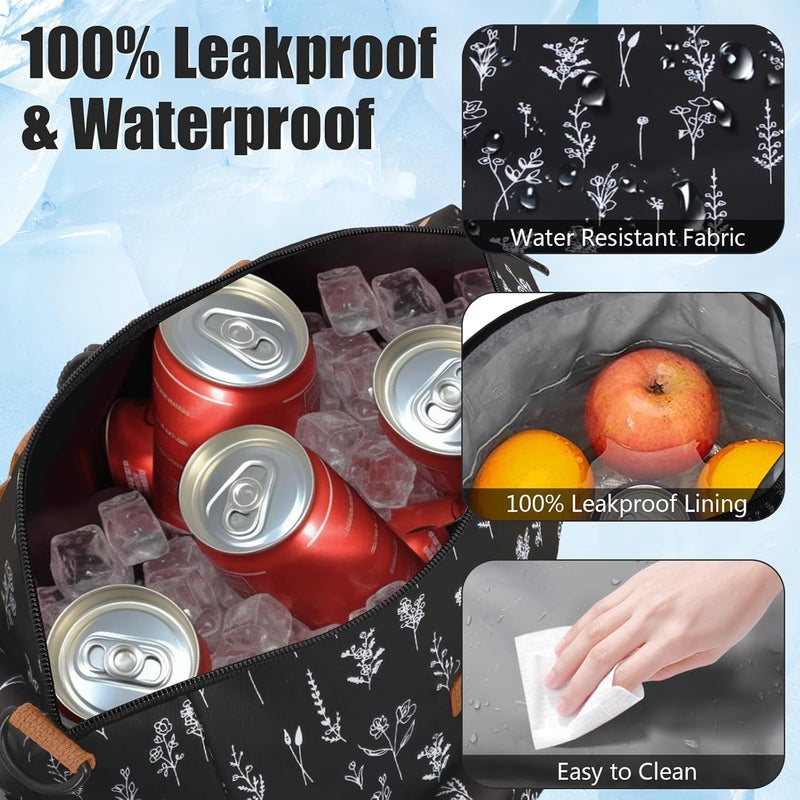 Joymee Lunch Bag Women Insulated Lunch Box Reusable Leakproof Large Spacious Cooler Tote for Women Men Adult with Bottle Holder and Side Pockets for Work Office Travel Picnic -08 White Little Flower - Image 3