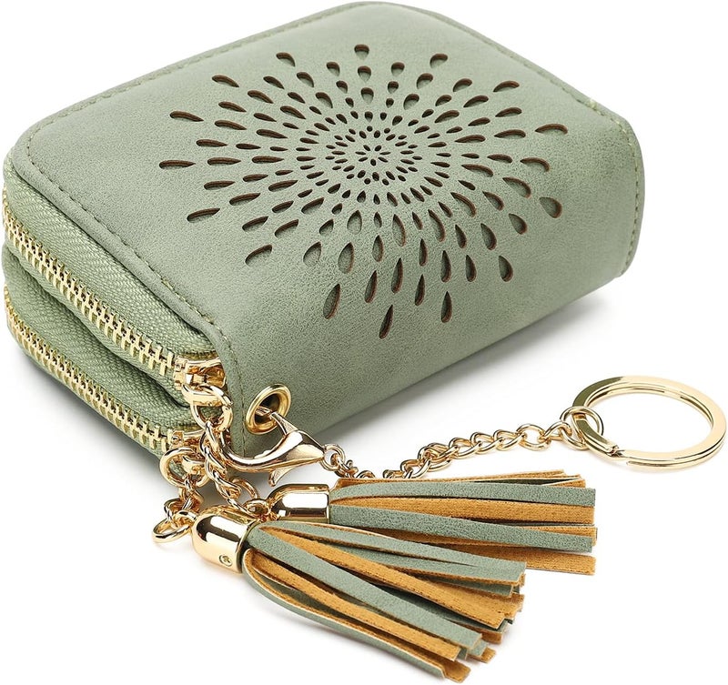 APHISON RFID Credit Card Holder Zipper Card Case Keychain Small Wallet for Women 1942-2 GREEN - Image 1