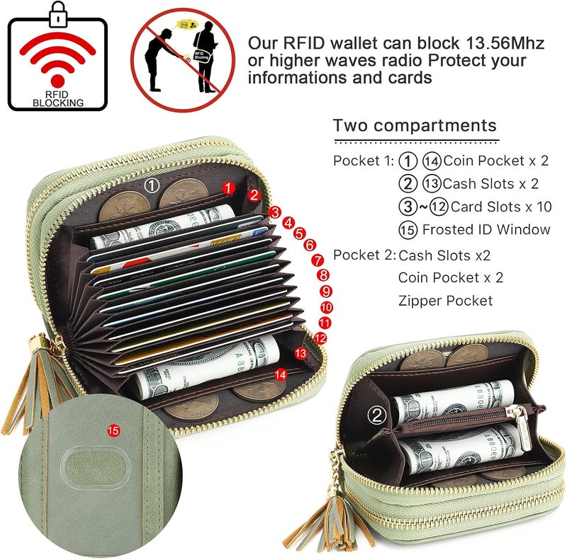 APHISON RFID Credit Card Holder Zipper Card Case Keychain Small Wallet for Women 1942-2 GREEN - Image 3