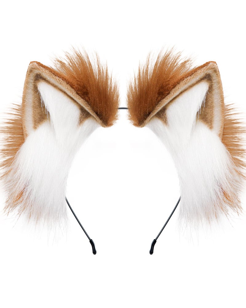 BNLIDES Handmade Fur Fox Wolf Cat Ears Headwear Women Men Cosplay Costume Party Cute Head Accessories for Halloween (Khaki White) - Image 1