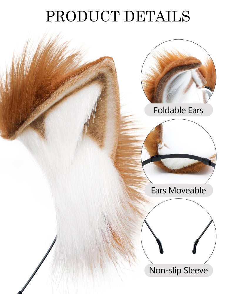 BNLIDES Handmade Fur Fox Wolf Cat Ears Headwear Women Men Cosplay Costume Party Cute Head Accessories for Halloween (Khaki White) - Image 2