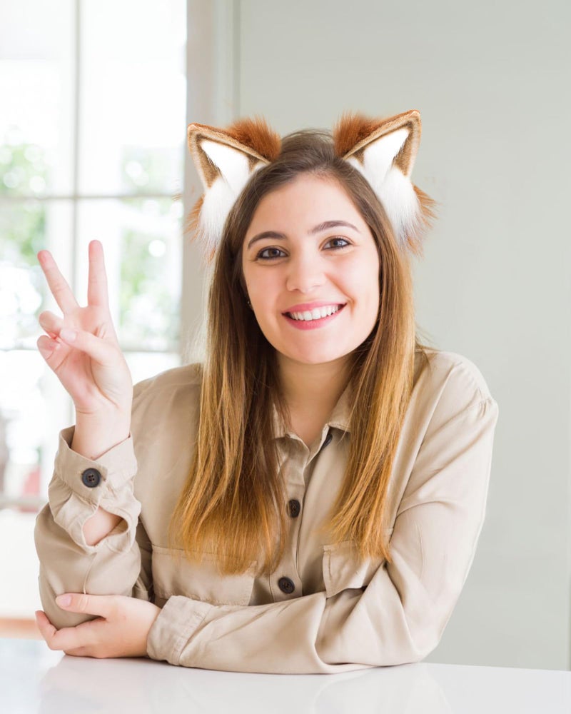 BNLIDES Handmade Fur Fox Wolf Cat Ears Headwear Women Men Cosplay Costume Party Cute Head Accessories for Halloween (Khaki White) - Image 5