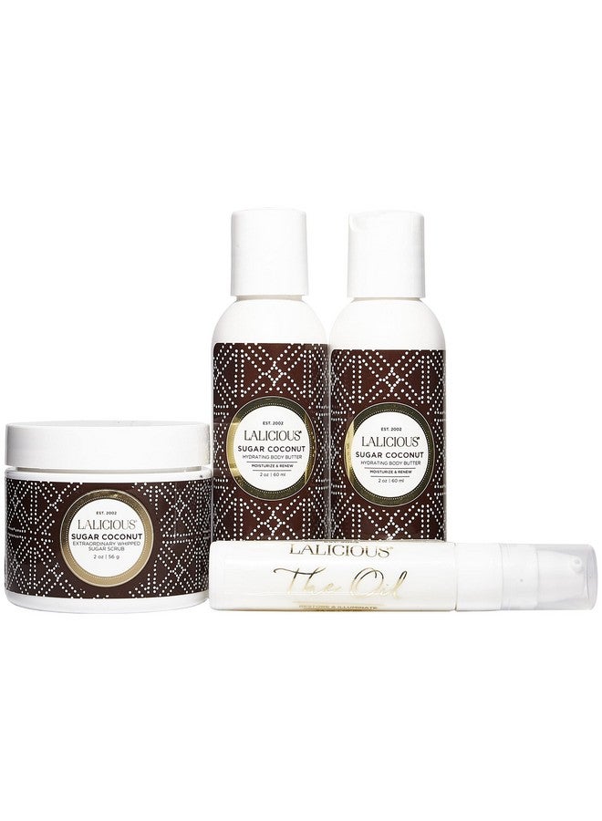 LALICIOUS Sugar Coconut Travel Set Whipped Sugar Scrub Shower Gel / Bubble Bath Body Butter & Body Oil In A Luxe Velour Makeup Bag (4 Piece Kit) - Image 3