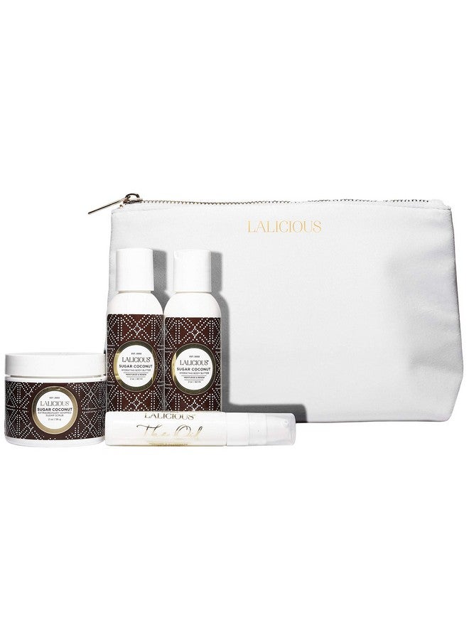 LALICIOUS Sugar Coconut Travel Set Whipped Sugar Scrub Shower Gel / Bubble Bath Body Butter & Body Oil In A Luxe Velour Makeup Bag (4 Piece Kit) - Image 1