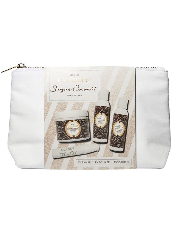 LALICIOUS Sugar Coconut Travel Set Whipped Sugar Scrub Shower Gel / Bubble Bath Body Butter & Body Oil In A Luxe Velour Makeup Bag (4 Piece Kit) - Image 2