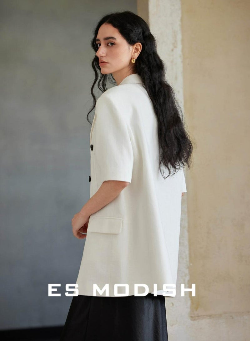 Saraia ES MODISH بليزر أبيض مزدوج الصدر بأكمام قصيرة - Image 5