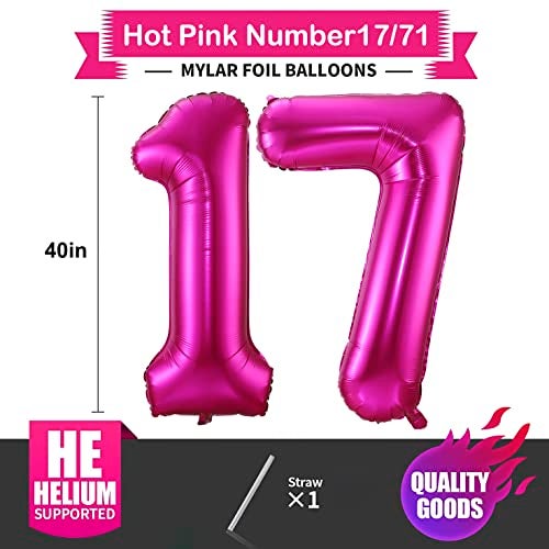 BBPOOL Hot Pink 17 Balloon Numbers 40 Inch 17th or 71st Birthday Balloon Foil Mylar Number 17 Balloons for Birthday Party Anniversary Festival Decorations - Image 5