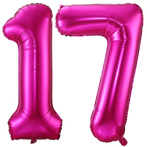 BBPOOL Hot Pink 17 Balloon Numbers 40 Inch 17th or 71st Birthday Balloon Foil Mylar Number 17 Balloons for Birthday Party Anniversary Festival Decorations - Image 1