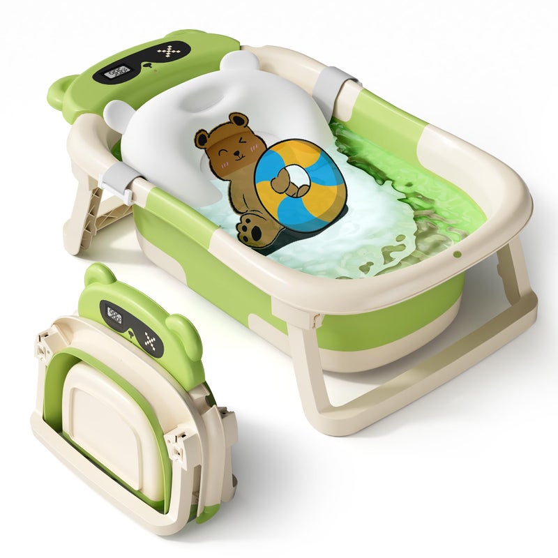 AVIDOR Baby Bathtub,Collapsible Bathtub for Newborn to Toddler,Durable Essential Infant Bath Tub,Portable Travel Baby Tub with Soft Cushion,No-Slip Hanging and Detachable(Green) - Image 1