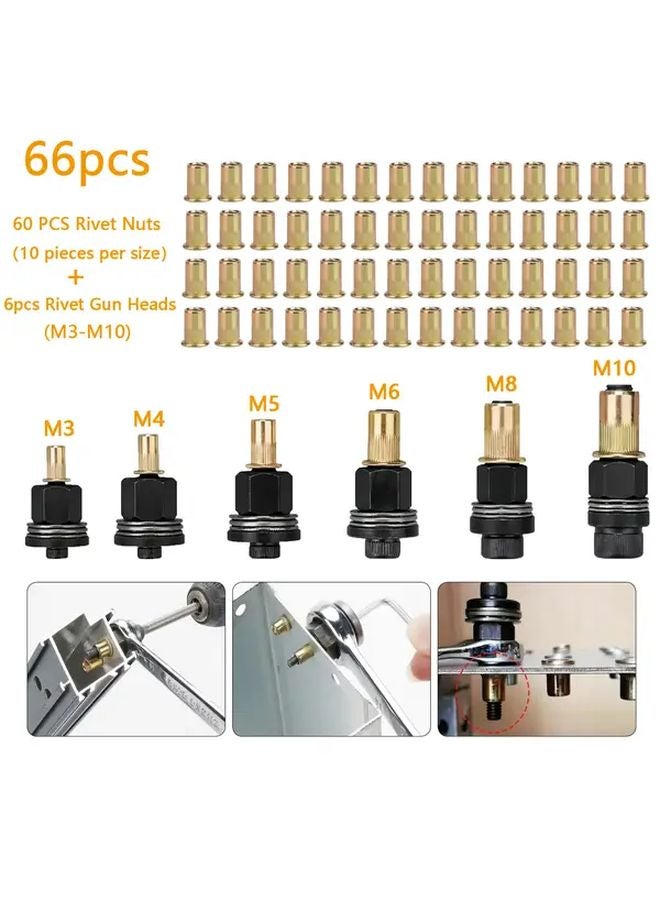 66pcs Heavy Duty Manual Rivet Tool Set with M3 M10 Rivet Gun Heads and Nuts - Image 2