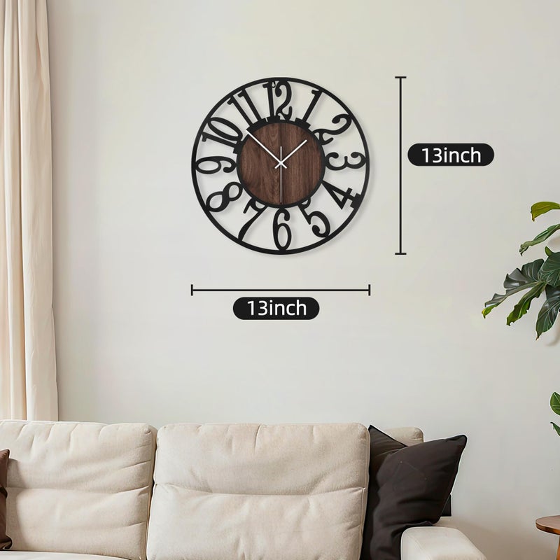Maxstar Round Wall Clock for Living Room Decor Battery Operated Non Ticking Silent Vintage Black Metal Wood Clocks for Home Living Room Garden Farmhouse Office Kitchen Decoration -13 inch - Image 2