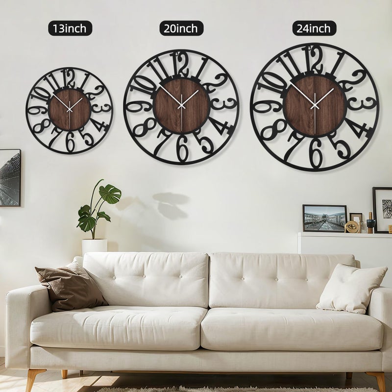 Maxstar Round Wall Clock for Living Room Decor Battery Operated Non Ticking Silent Vintage Black Metal Wood Clocks for Home Living Room Garden Farmhouse Office Kitchen Decoration -13 inch - Image 3