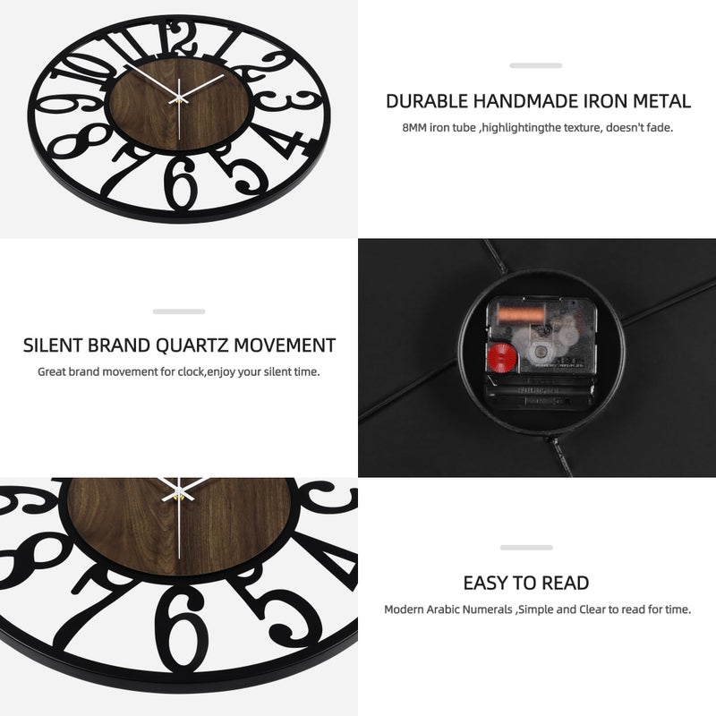 Maxstar Round Wall Clock for Living Room Decor Battery Operated Non Ticking Silent Vintage Black Metal Wood Clocks for Home Living Room Garden Farmhouse Office Kitchen Decoration -13 inch - Image 4