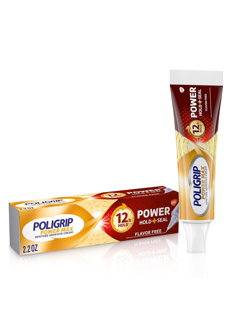 Poligrip - Poligrip Power Max Power Hold plus Seal Denture Adhesive Cream, Denture Cream for Secure Hold and Food Seal, Flavor Free - 2.2 oz - Image 1
