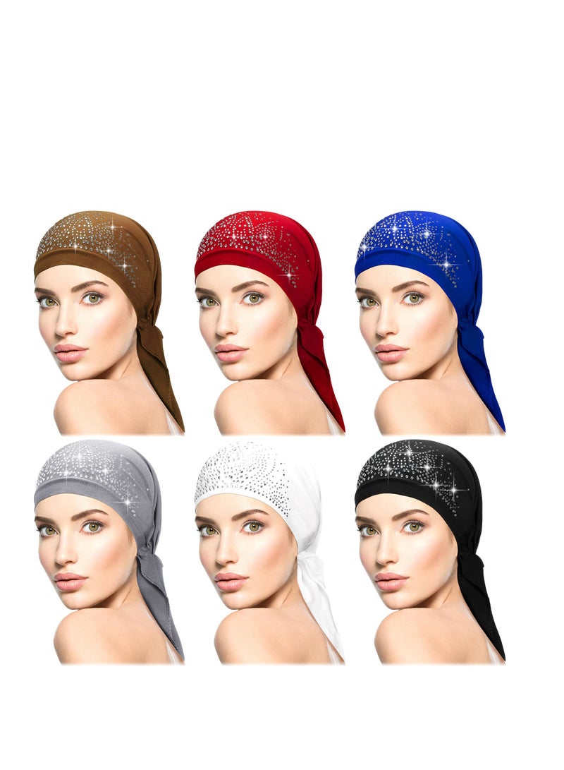 SYOSI Women Head Scarf, 6 Pcs Rhinestone Head Scarf Stretchy Head, Pre Tied Head Scarves Covers Cap, Skull Cap Headbands for All Seasons - Image 1