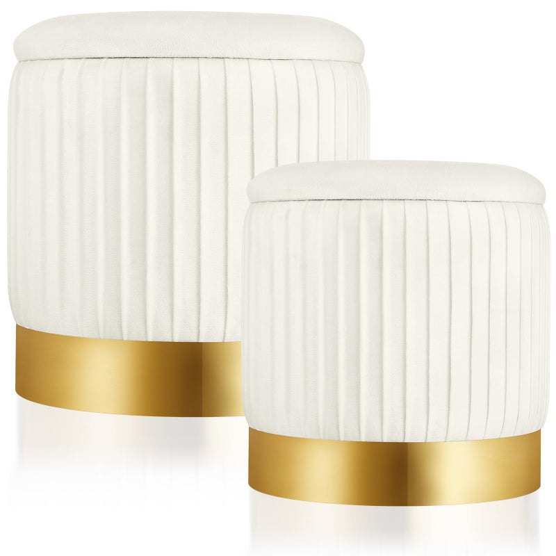 باري دات 2 قطع أوتومان دائري مع تخزين مخدة تخزين من المخمل الأبيض مع غطاء قابل للإزالة قاعدة ذهبية لغرفة النوم والمعيشة في السكن الجامعي