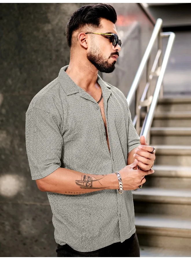 مانياك Maniac Mens Solid Textured Half Sleeve Grey Poly Jacquard Fabric Shirt