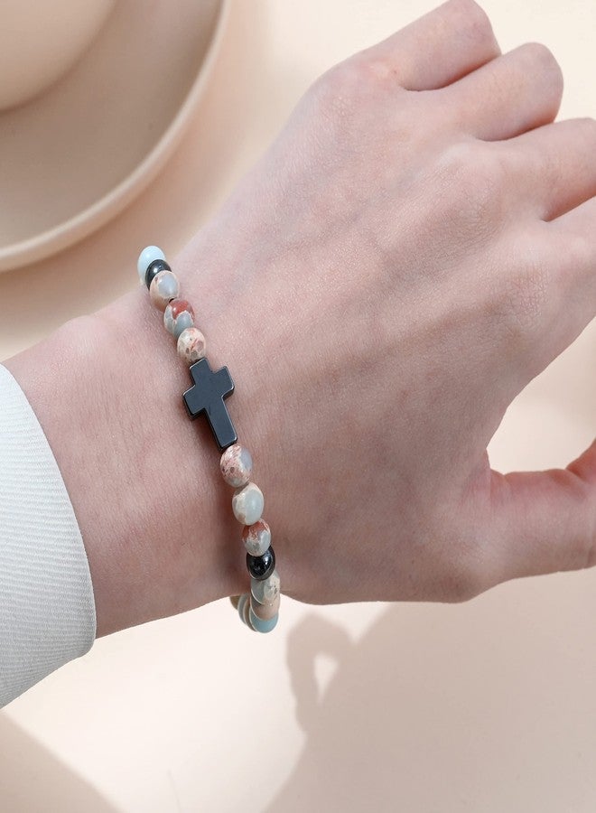 Softones 6mm Cross Beaded Bracelet for Women Natural Stone Stretch Link Prayer Bracelet for Women,7.1" - Image 3