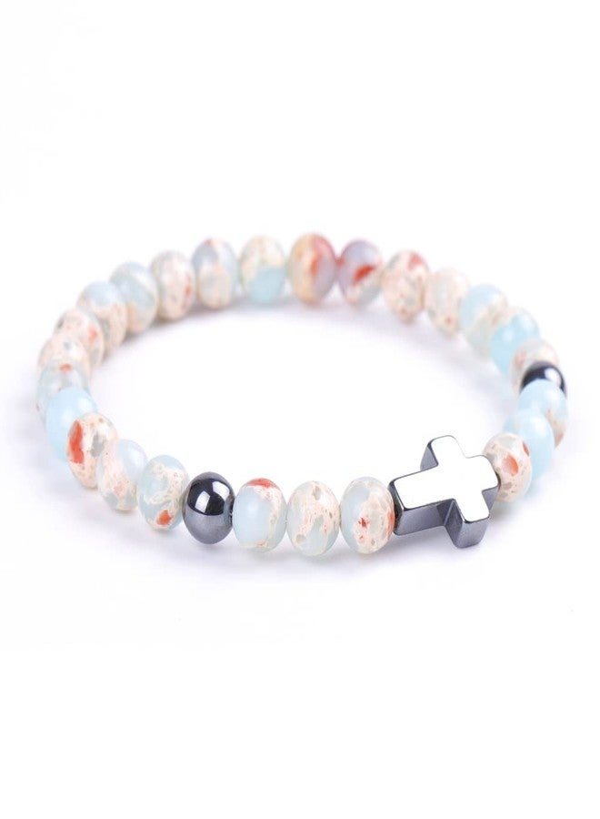 Softones 6mm Cross Beaded Bracelet for Women Natural Stone Stretch Link Prayer Bracelet for Women,7.1" - Image 2
