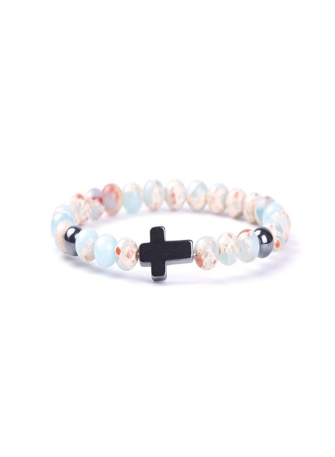 Softones 6mm Cross Beaded Bracelet for Women Natural Stone Stretch Link Prayer Bracelet for Women,7.1" - Image 1